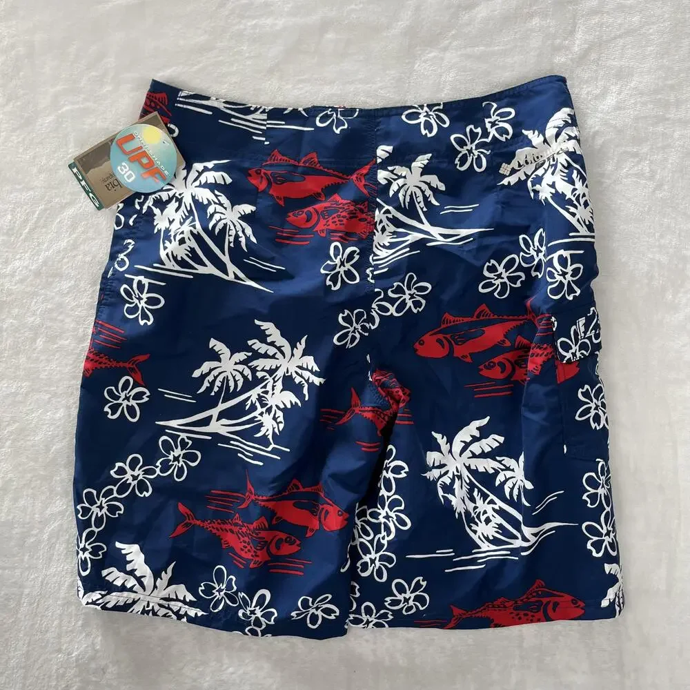 Columbia PFG Board Shorts Mens 34 Blue Fish Floral Swim Trunks UPF 30 Tropical